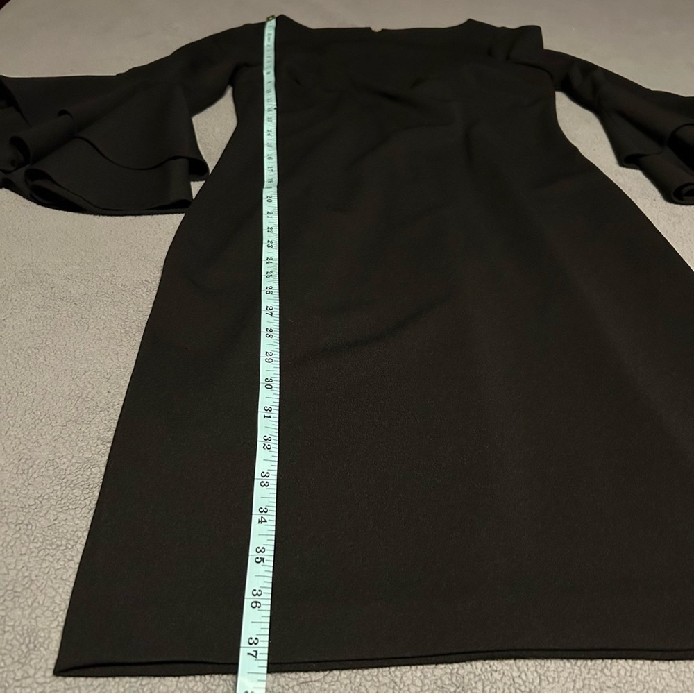 Calvin Klein Black Bell Sleeve Semi, Formal Midi Dress with Gold Accents - Picture 7 of 8